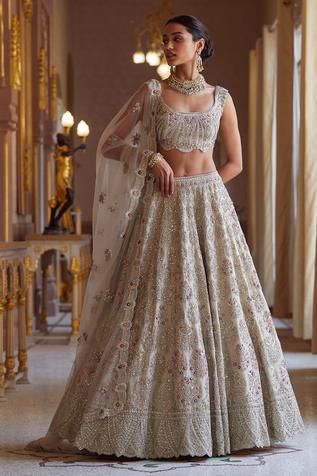 Off-white Colour Embroidered Thread Work Semi-Stitched Lehenga and Unstitched Blouse with Dupatta