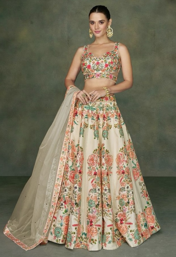 Multicoloured Embroidered Thread Work Semi-Stitched Lehenga and Unstitched Blouse with Dupatta